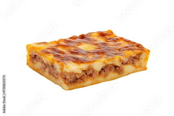 Fototapeta Delicious baked lasagna slice with minced meat and melted cheese, isolated on white background. Perfect for food design, menu, cooking, and culinary projects.