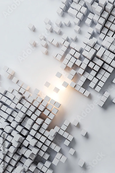 Obraz Abstract design of white cubes, light emanating from center.
