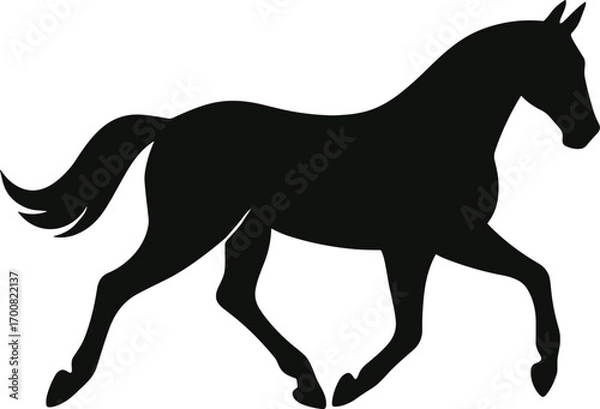 Fototapeta vector silhouette, trotting horse mid-step, lifted foreleg, side view, solid black