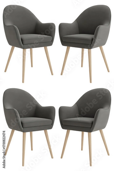 Obraz Four gray armchairs with light wood legs.
