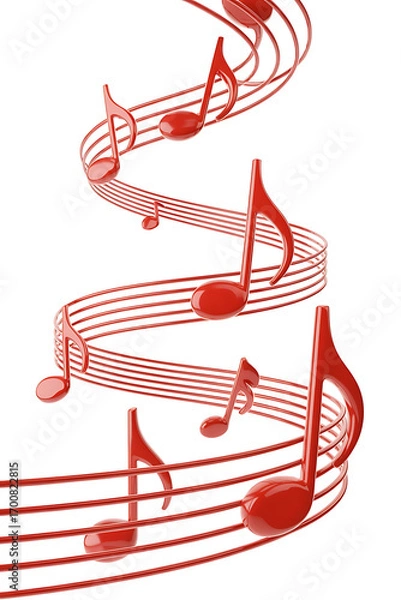 Obraz Red musical notes swirling on white background.
