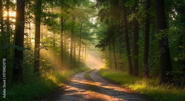 Fototapeta Enchanting Forest Road with Golden Sunlight.