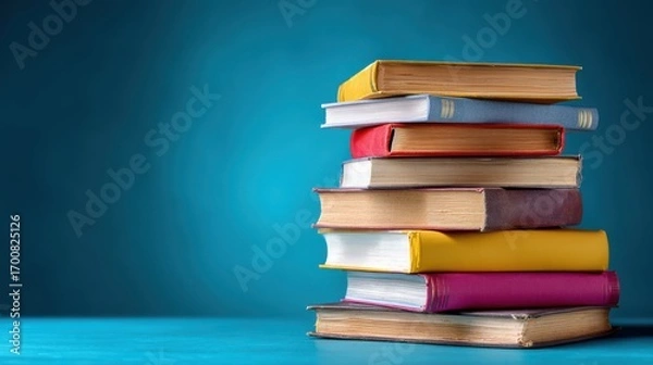 Fototapeta Premium photo of pile of books organized on top of each other in a blue background.