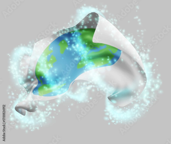 Fototapeta World map, vector 3d flag in whirlwind of magical radiance