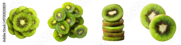 Fototapeta Slices of kiwi fruit stacked cut and arranged on transparent background