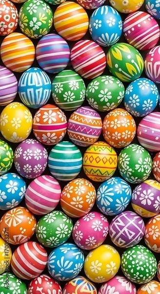 Fototapeta Festive arrangement of patterned easter eggs creates a colorful spring celebration backdrop