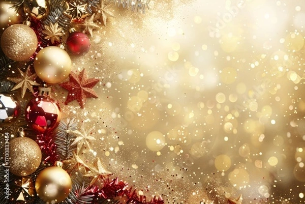 Fototapeta Charming Christmas Background with Ornaments, Stars, and Bokeh Lights for Holiday Celebrations