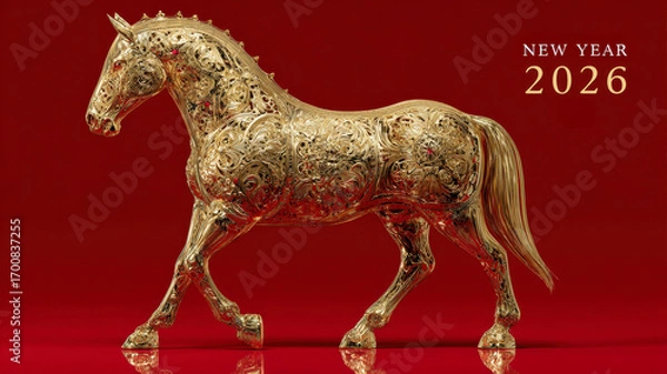 Fototapeta Golden decorative horse with intricate ornaments on red background, New Year 2026 festive card design, symbol of elegance, prosperity and celebration.