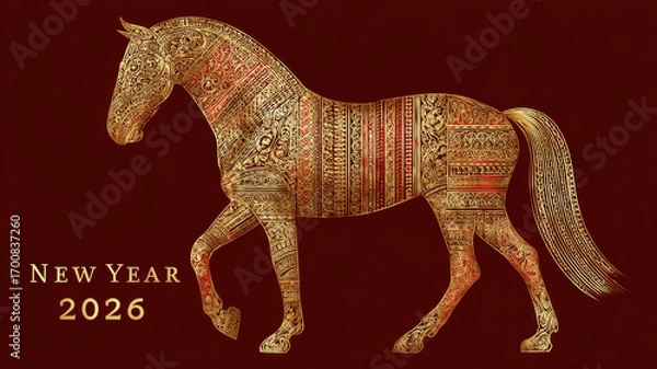Fototapeta Golden patterned horse with detailed decorative textures on dark red background, New Year 2026 holiday greeting card concept, symbol of strength and beauty.