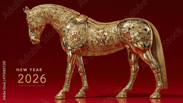 Fototapeta Decorative golden horse with artistic engravings on red backdrop, New Year 2026 luxury festive card, symbol of tradition, celebration and prosperity.