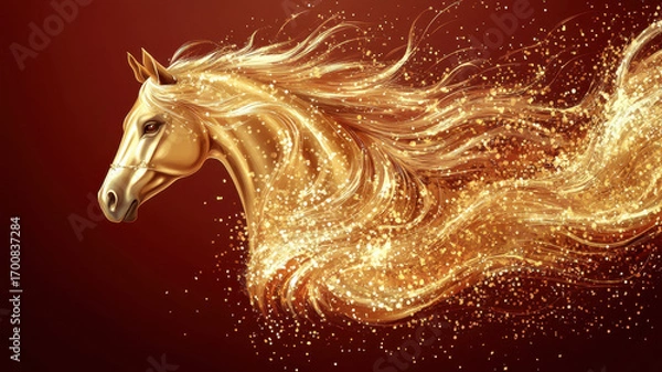 Fototapeta Golden sparkling horse made of glowing particles on red background, symbol of Year of the Horse 2026 in Chinese zodiac, festive design for celebration, prosperity and strength.