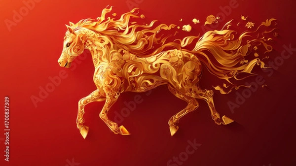 Fototapeta Golden fiery horse running with glowing flames on red background, representing Year of the Horse 2026 in Chinese zodiac, symbol of energy, vitality and success.