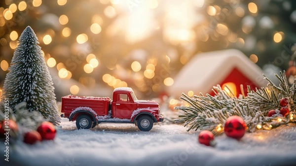 Fototapeta Miniature red truck with Christmas tree and ornaments in snowy festive scene, glowing lights in background, symbol of  Christmas spirit.  horizontal banner, copy space, free space for text