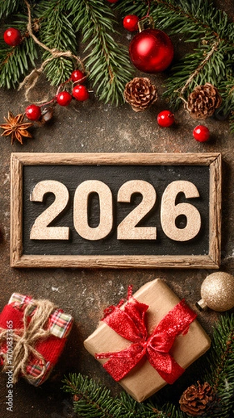 Fototapeta Festive New Year 2026 composition with pine branches, ornaments and gift boxes on rustic wooden background, holiday branding and greeting card design.