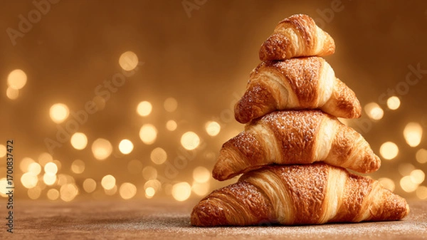 Fototapeta Stacked croissants shaped like Christmas tree with festive bokeh lights in background, holiday concept for seasonal greeting.  horizontal banner, copy space, free space for text