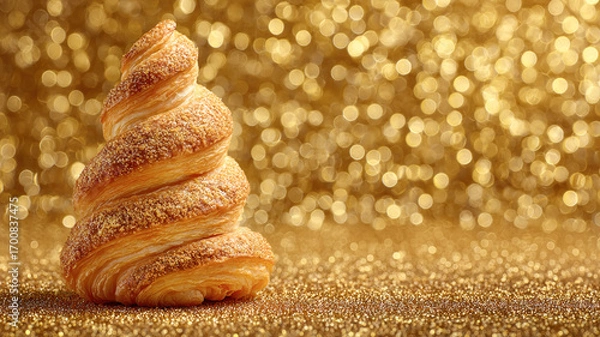 Fototapeta Small pastry Christmas tree with sugar powder on sparkling golden background, creative holiday dessert concept.  horizontal banner, copy space, free space for text