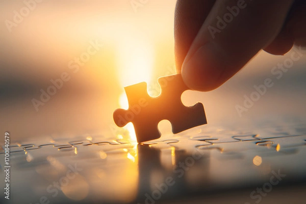 Fototapeta Completing the Puzzle: Close-up of a hand placing the final piece, representing problem-solving and collaboration. The piece glows against a sunset backdrop.
