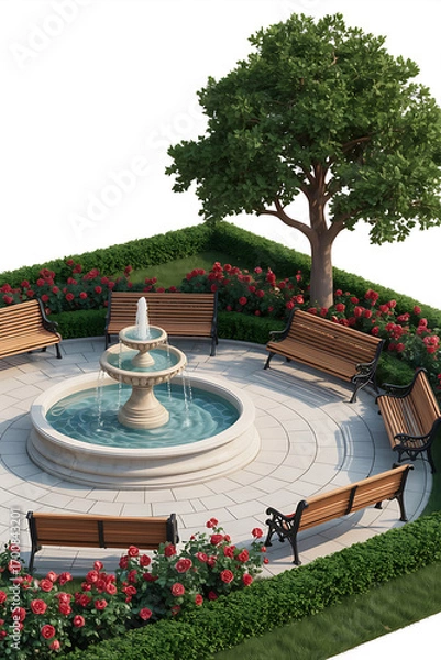 Obraz Peaceful park with fountain, benches, and rose bushes.
