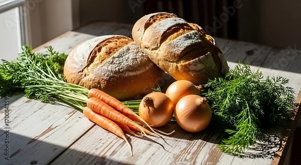 Fototapeta Freshly baked bread with vegetables on a wooden table.