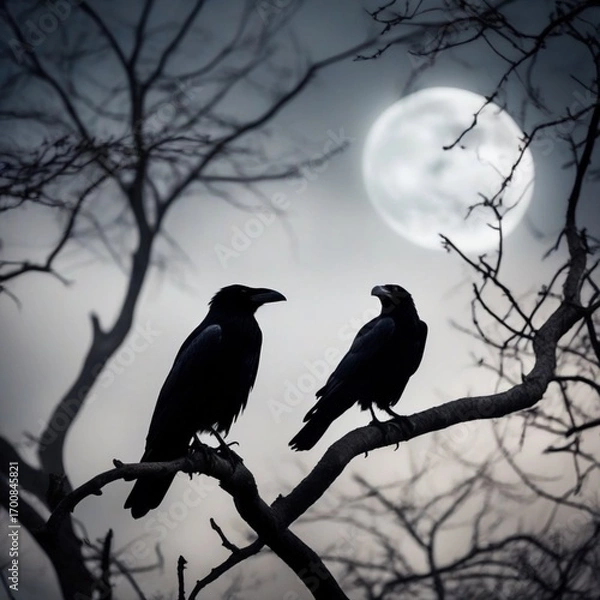 Fototapeta Halloween background with crows on a tree