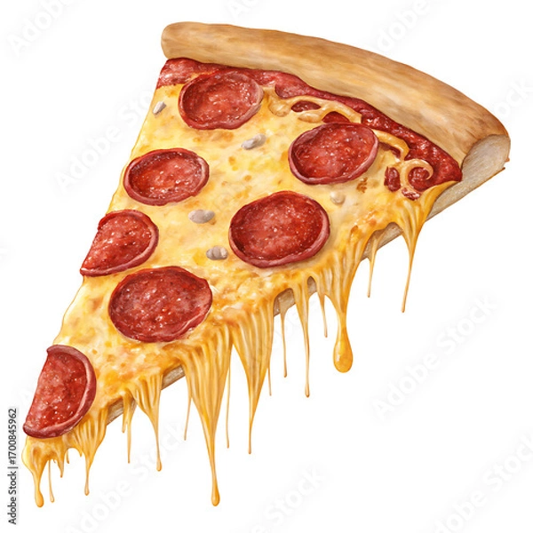 Obraz A delectable slice of pepperoni pizza isolated on white background, showcasing melted cheese and perfectly cooked pepperoni, inviting a craving for a cheesy, savory treat