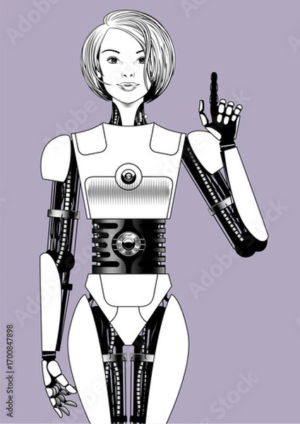 Fototapeta Beautiful blonde biorobot girl standing frontally and pointing her index finger up.  Vector realistic illustration in black and white line engraved drawing 
style