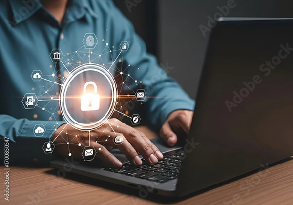 Fototapeta Cybersecurity concept with a glowing padlock icon and network connections surrounding a person typing on a laptop