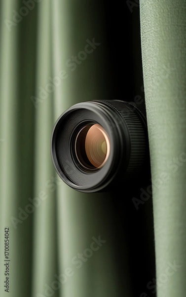 Fototapeta A camera lens peeks out from between soft green curtains, inviting viewers into the world of photography and visual storytelling. A creative and modern perspective.