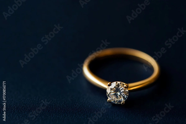 Fototapeta A gleaming gold ring with a brilliant cut stone sits elegantly against a dark blue backdrop, radiating luxury and timeless beauty in its simple yet refined design.