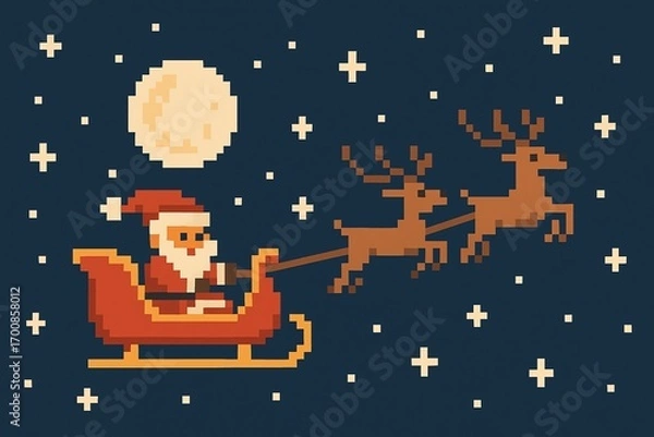 Fototapeta Retro pixel art style Santa sleigh flying across an 8-bit night sky with pixel stars and moon, cartoon vector illustration, vintage color palette, simple composition