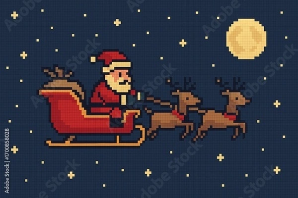Fototapeta Retro pixel art style Santa sleigh flying across an 8-bit night sky with pixel stars and moon, cartoon vector illustration,  vintage color palette, simple composition