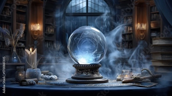 Fototapeta A mystical scene with a glowing crystal ball on display.
