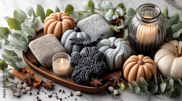 Fototapeta A flat lay of Halloween-themed artisanal soaps in vibrant colors.