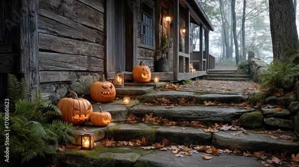 Fototapeta Realistic Halloween lanterns for editorial use in a vibrant setting.