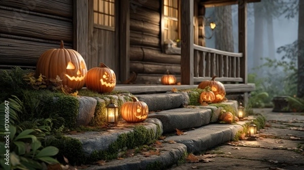 Fototapeta A realistic editorial image of carved Halloween lanterns.