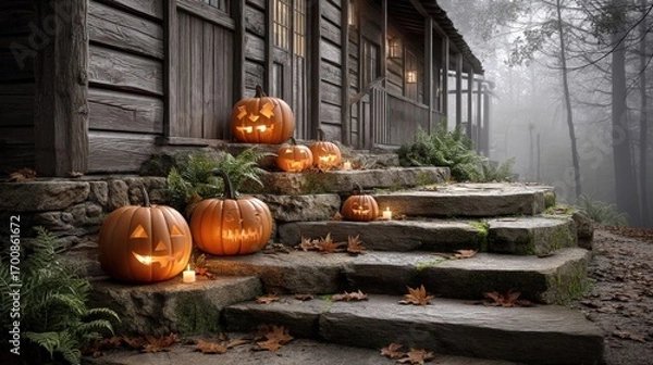 Fototapeta A realistic image of carved Halloween lanterns for editorial use.