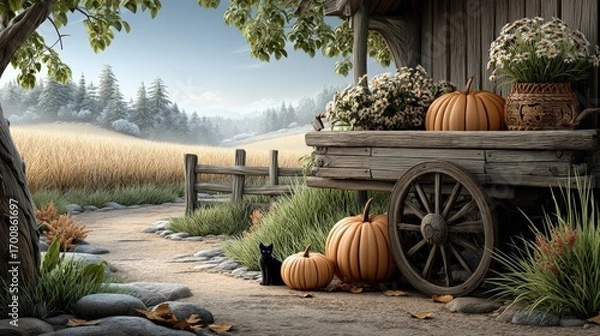 Fototapeta Rustic countryside scene with a wooden pushcart filled with items.