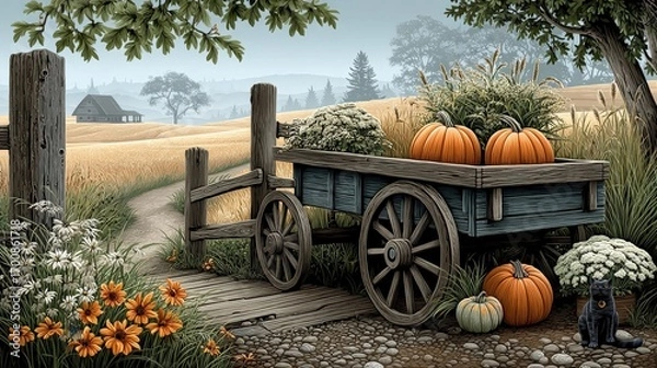 Fototapeta Rustic countryside scene with a wooden pushcart filled with items.