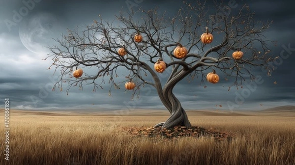 Fototapeta A single twisted tree in an autumn field landscape.