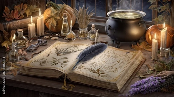 Fototapeta Ancient spellbook still life composition with intricate details and vibrant colors.