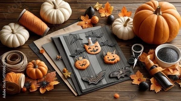 Fototapeta A vibrant Halloween craft station scene for editorial use.