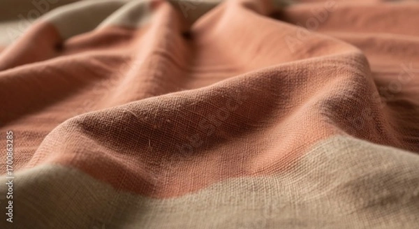 Fototapeta Textured woven fabric in terracotta and cream shades, showcasing textile artistry. Perfect for backgrounds, fashion projects, or creating inviting home decor mockups.