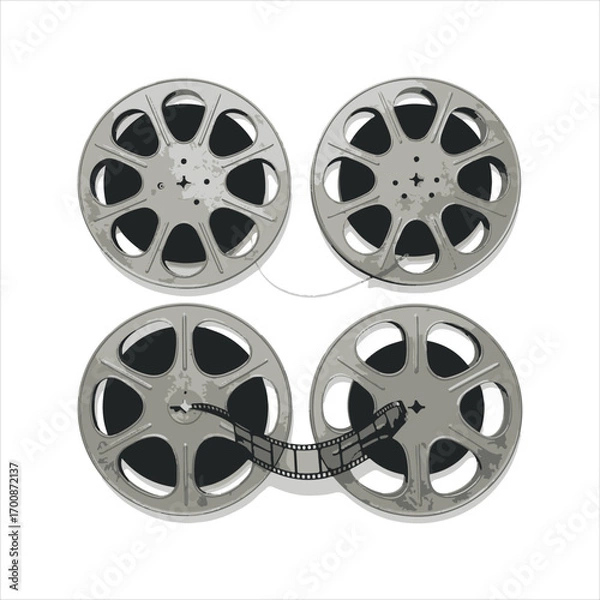 Fototapeta Vintage Film Reels Connected by Filmstrip Creating a Nostalgic Movie Theme on Clean White Background