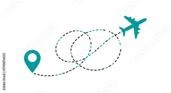 Obraz Vector icon of airplane flying on dotted route line symbolizing travel, navigation, destination, airline path, global journey, vacation, transport, and tourism connection