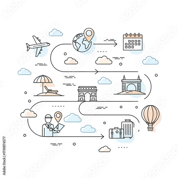 Obraz Vector icons of travel and vacation planning with airplane, suitcase, calendar, landmarks, beach, and hot air balloon representing tourism, trips, and holiday preparation