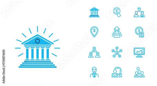 Obraz Vector sheet of blue finance and business icons including bank, magnifying glass, people, dollar pin, customer service, graph, money, and corporate management elements