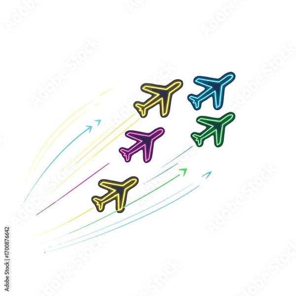 Obraz Vector illustration of five colorful airplanes flying in formation symbolizing travel, aviation, teamwork, tourism, airline branding, international flights, and global unity