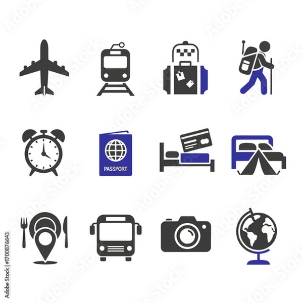 Obraz Vector sheet of travel and tourism icons including airplane, train, suitcase, passport, hotel bed, tent, restaurant, bus, camera, globe, and backpacker representing tours