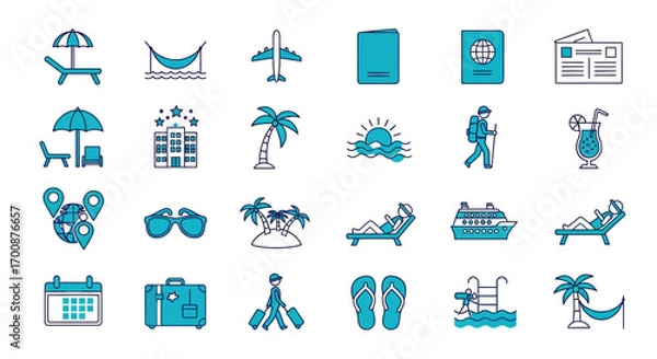 Obraz Vector icon sheet of colorful travel and vacation icons including beach, hotel, flight, palm trees, luggage, and leisure elements for tourism, holiday, and adventure design themes