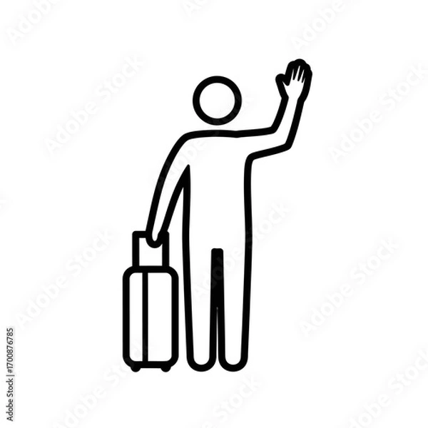 Obraz Vector icon of minimalist line art traveler waving with suitcase symbolizing travel, tourism, journey, farewell, airport commute, and international adventure themes